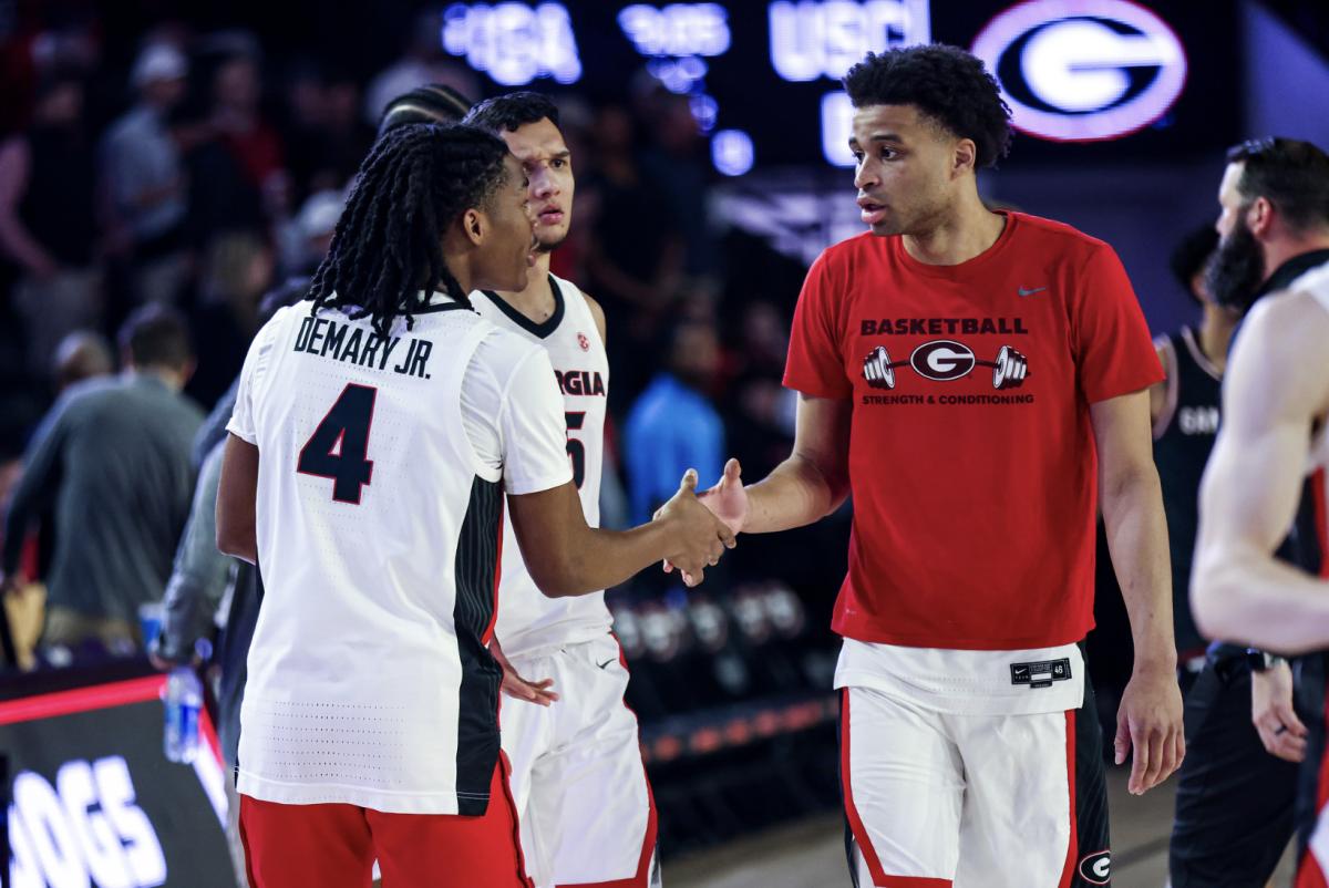 Georgia guard Silas Demary Jr., and Georgia guard Jabri Abdur-Rahim before Georgia’s game against South Carolina at Stegeman Coliseum in Athens, Ga., on Saturday, Feb. 3, 2024. (Cassie Baker/UGAAA)